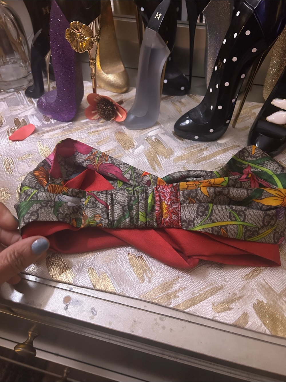 Gucci Floral Twist Headband in Gray with Multicolor Accents - Picture 12 of 14